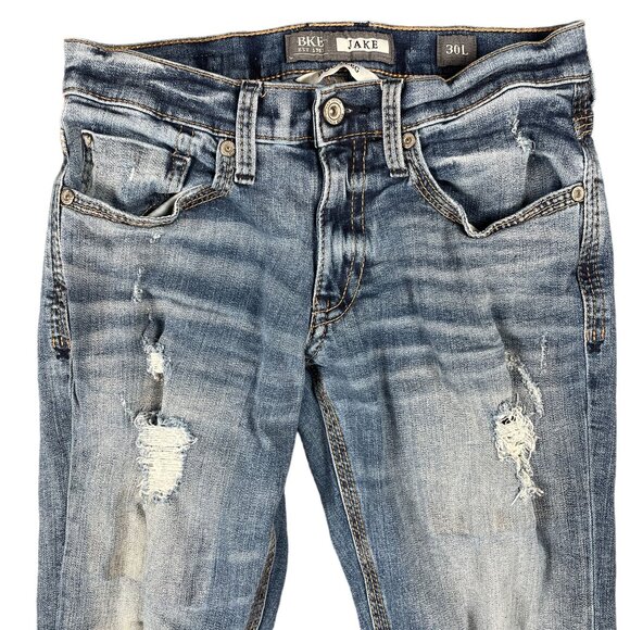 BKE Jake Jeans Mens 30L Loose Baggy Distressed Faded Grunge Ripped Torn Trashed - Picture 2 of 14
